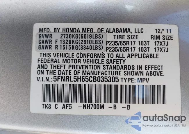 5FNRL5H65CB035305: 43521072