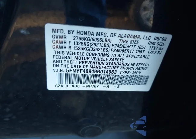 5FNYF48949B014963: 43523484