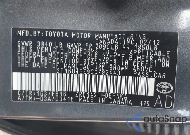 2T1BU4EE9CC792443: 43525620