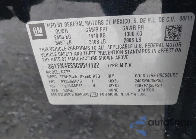 3GYFNAE33CS511102: 43525723