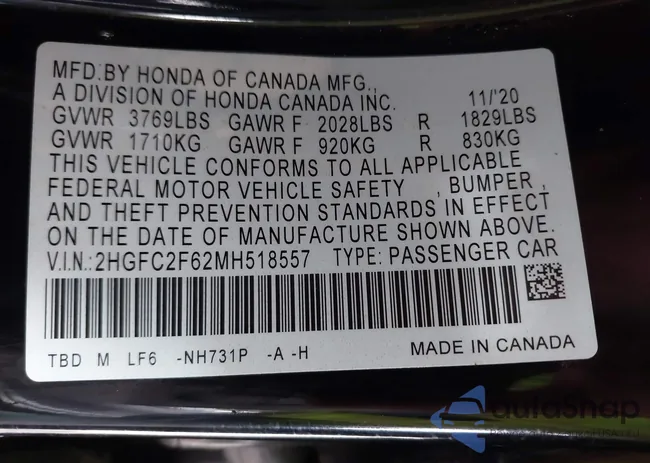 2HGFC2F62MH518557: 43525822