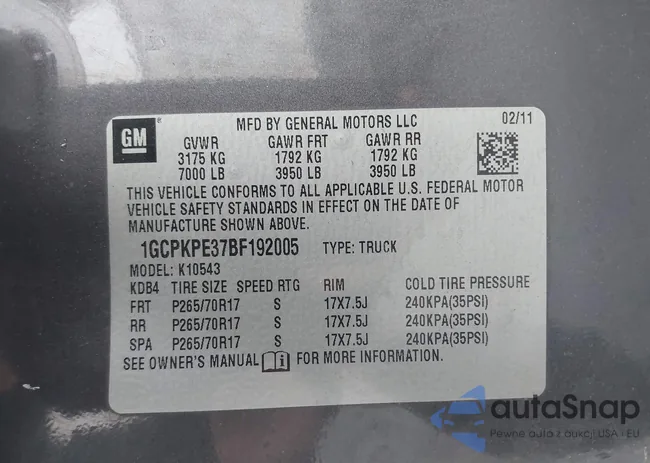 1GCPKPE37BF192005: 43525141