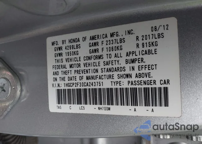 1HGCP2F30CA243751: 43526574