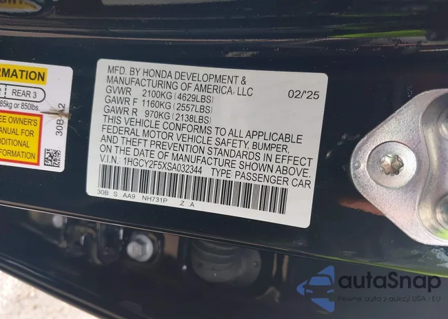 1HGCY2F5XSA032344: 43526011