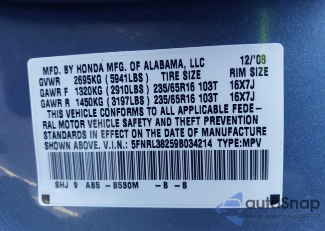 5FNRL38259B034214: 43526293