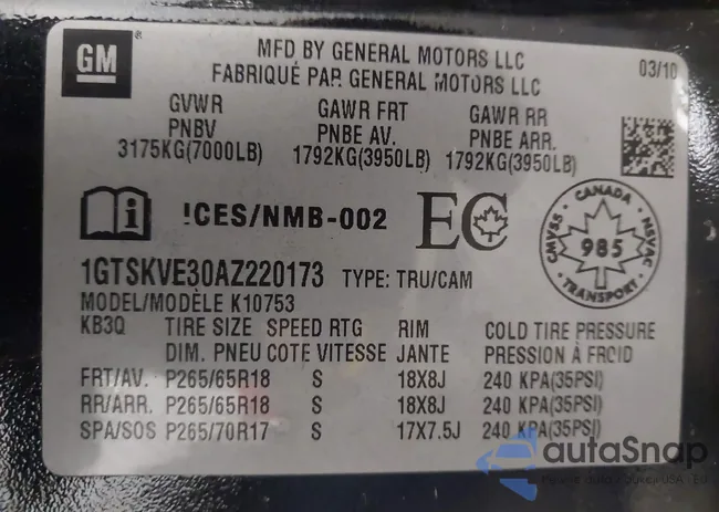 1GTSKVE30AZ220173: 43527526