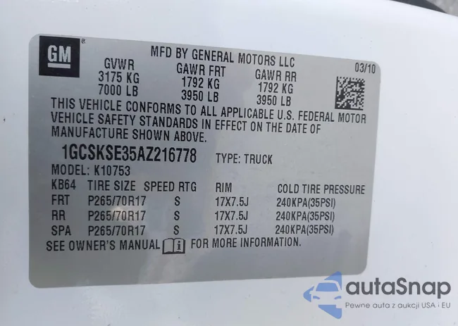 1GCSKSE35AZ216778: 43527795