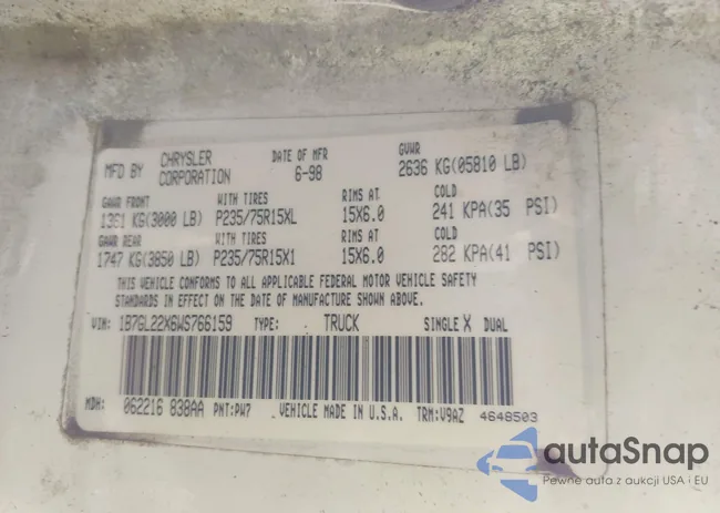 1B7GL22X6WS766159: 43527309