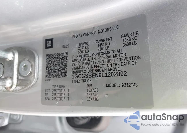 1GCGSBEN9L1202892: 43528423