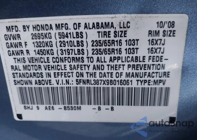 5FNRL387X9B016061: 43528134