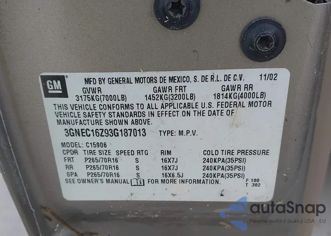 3GNEC16Z93G187013: 43529399