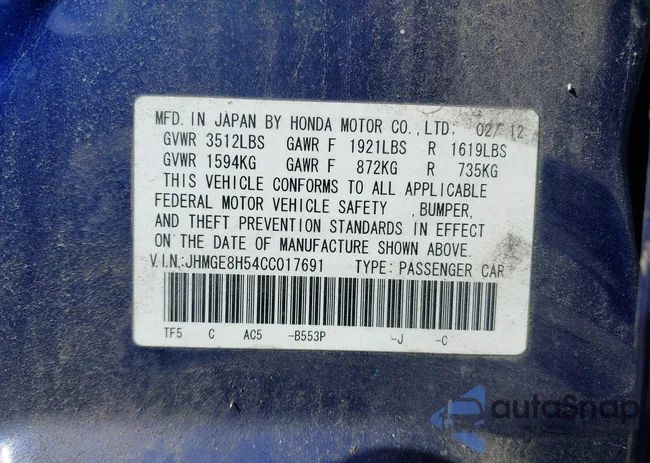 JHMGE8H54CC017691: 43529402