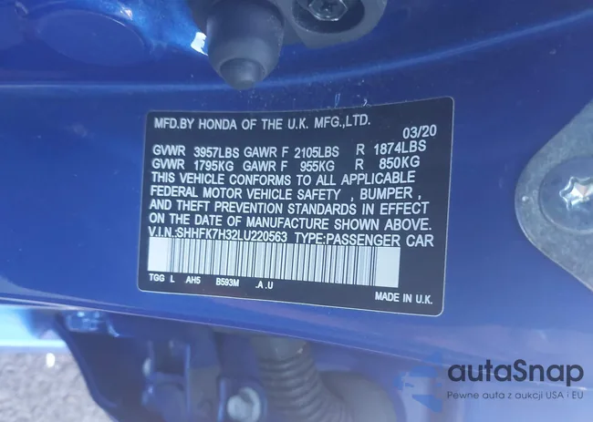 SHHFK7H32LU220563: 43530727