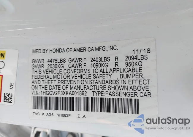 1HGCV2F3XKA001862: 43530741