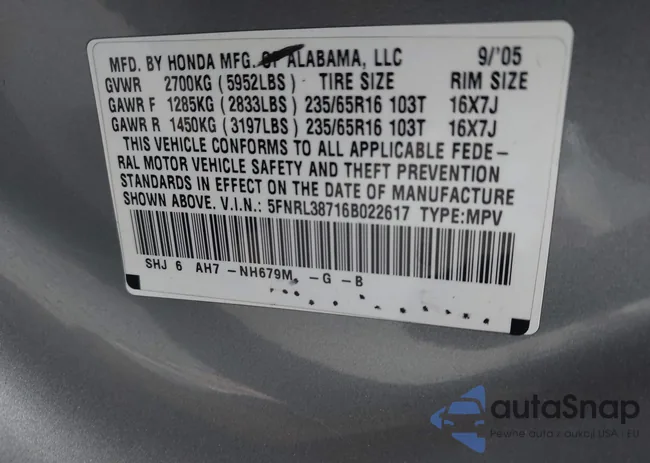 5FNRL38716B022617: 43530761