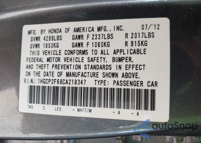 1HGCP2F68CA218347: 43530210