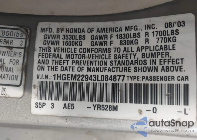 1HGEM22943L084877: 43531777