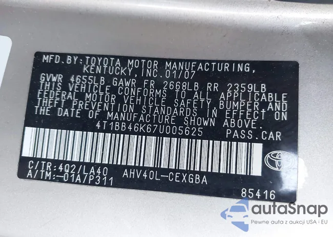 4T1BB46K67U005625: 43531253