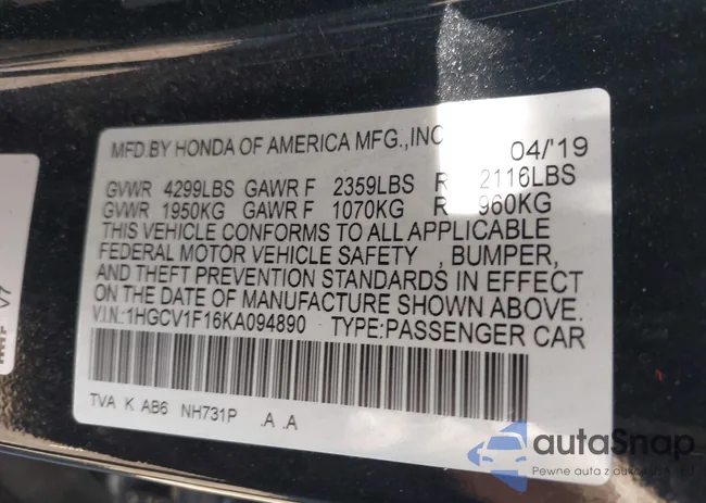 1HGCV1F16KA094890: 43532375