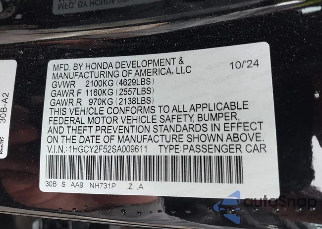 1HGCY2F52SA009611: 43532165