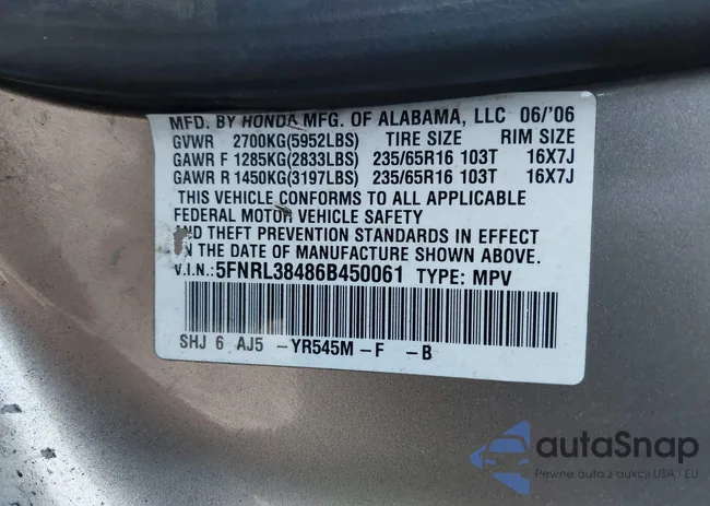 5FNRL38486B450061: 43532271