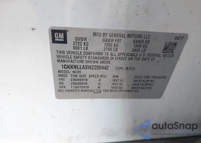 1GKKNLLAXHZ280442: 43532284