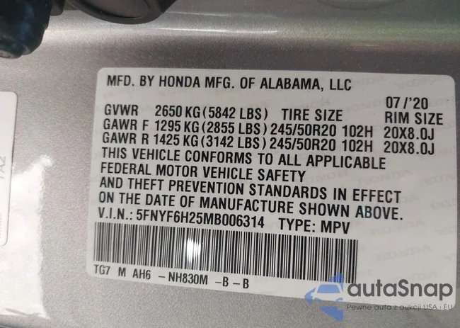 5FNYF6H25MB006314: 43532318