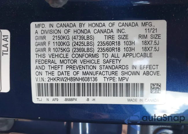 2HKRW2H89NH608136: 43533533