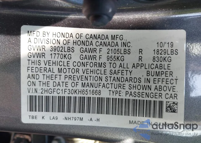 2HGFC1F30KH651668: 43534339