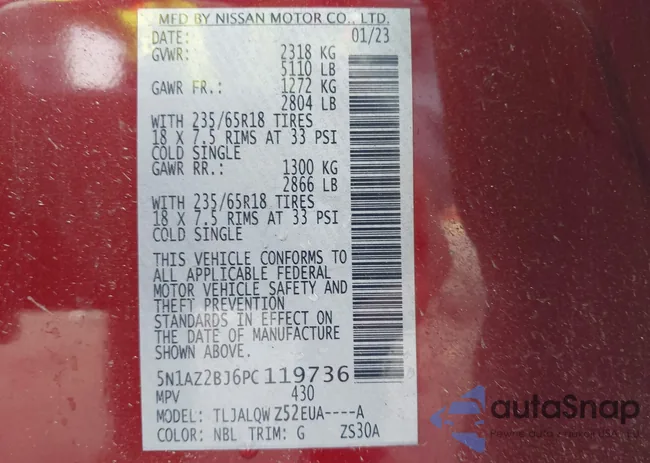 5N1AZ2BJ6PC119736: 43535736