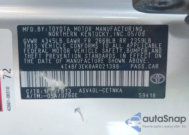 4T4BF3EK8AR021399: 43536465