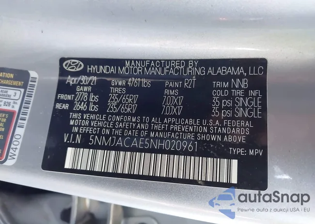 5NMJACAE5NH020961: 43536532