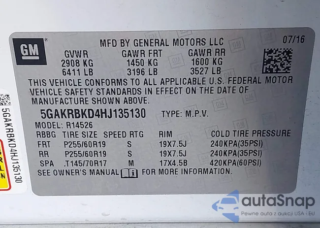 5GAKRBKD4HJ135130: 43536591