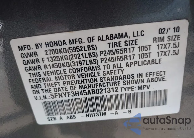 5FNYF3H45AB021312: 43536688