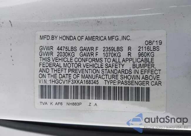 1HGCV1F3XKA168345: 43536356