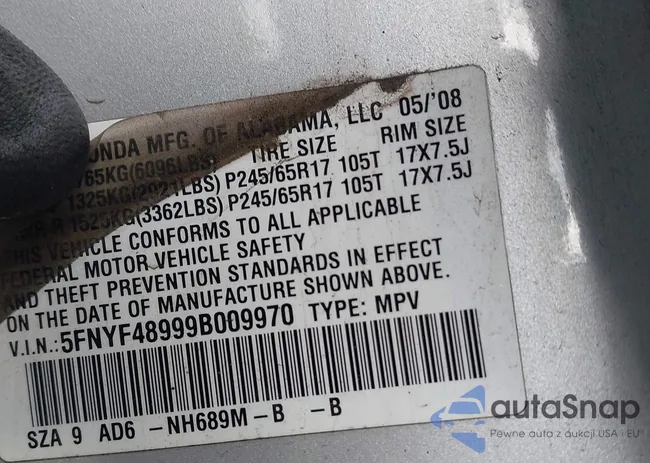 5FNYF48999B009970: 43537643