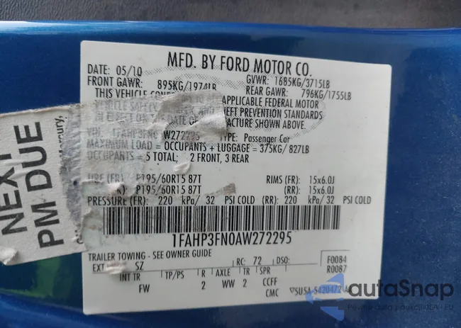 1FAHP3FN0AW272295: 43537657