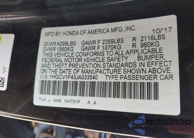 1HGCV1F43JA033540: 43538582