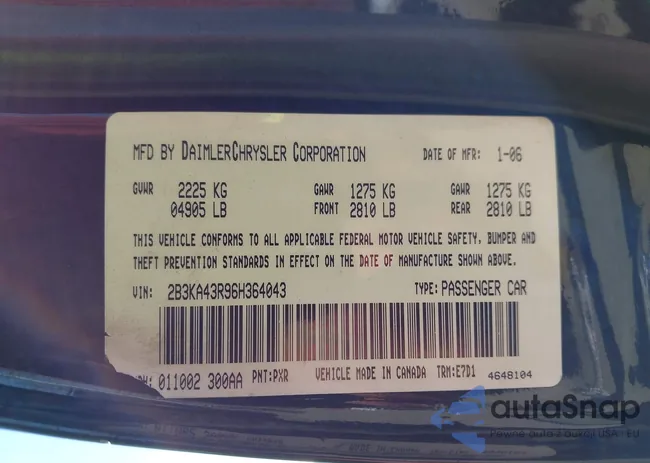 2B3KA43R96H364043: 43538926