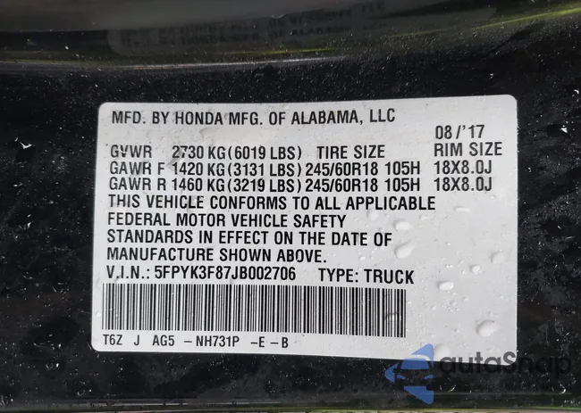 5FPYK3F87JB002706: 43539706