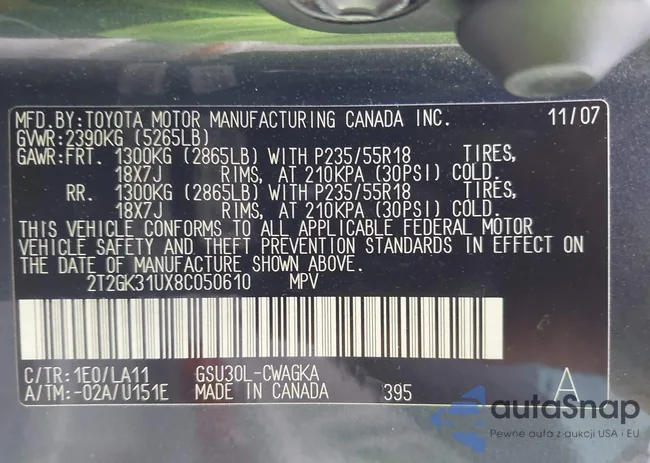 2T2GK31UX8C050610: 43539875