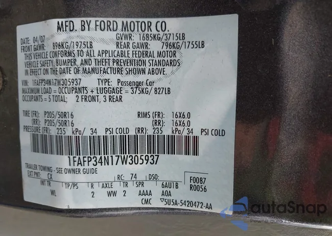 1FAFP34N17W305937: 43540673