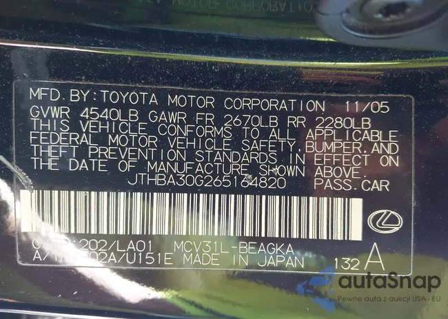 JTHBA30G265164820: 43540892