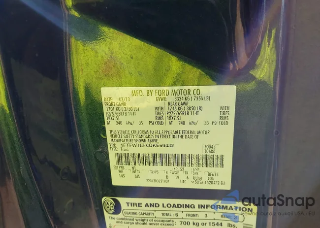 1FTFW1EF6DKE60432: 43540060