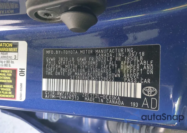 2T1BURHE3KC129652: 43541200