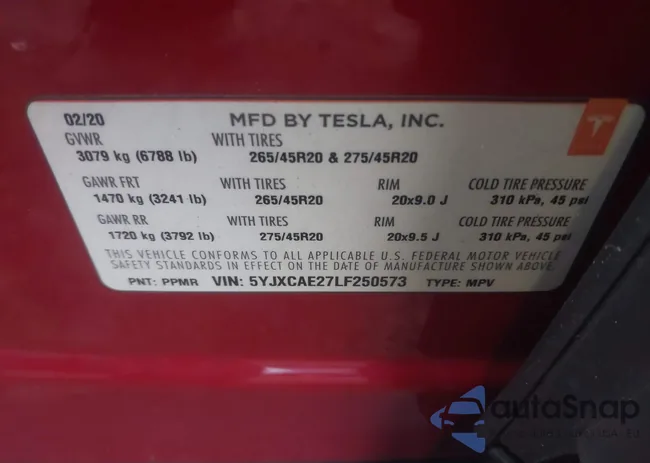 5YJXCAE27LF250573: 43543295