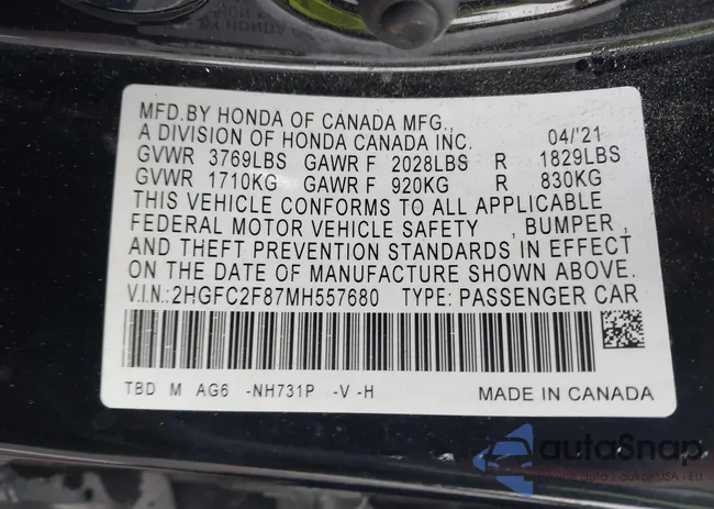 2HGFC2F87MH557680: 43543324