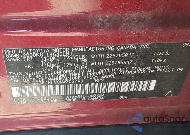 2T3F1RFV0NW303748: 43544846