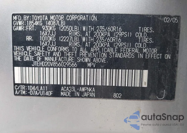 JTEHD20V856029566: 43545603