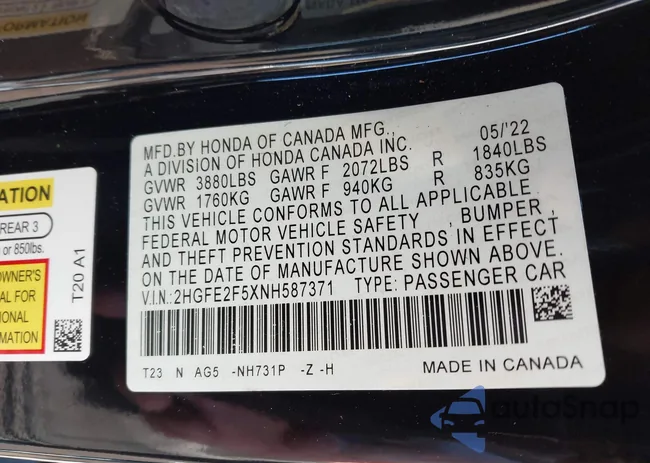 2HGFE2F5XNH587371: 43545903